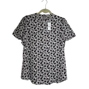 LOFT Burgundy floral short Bell Sleeve Back button Flattering Versatile Blouse L